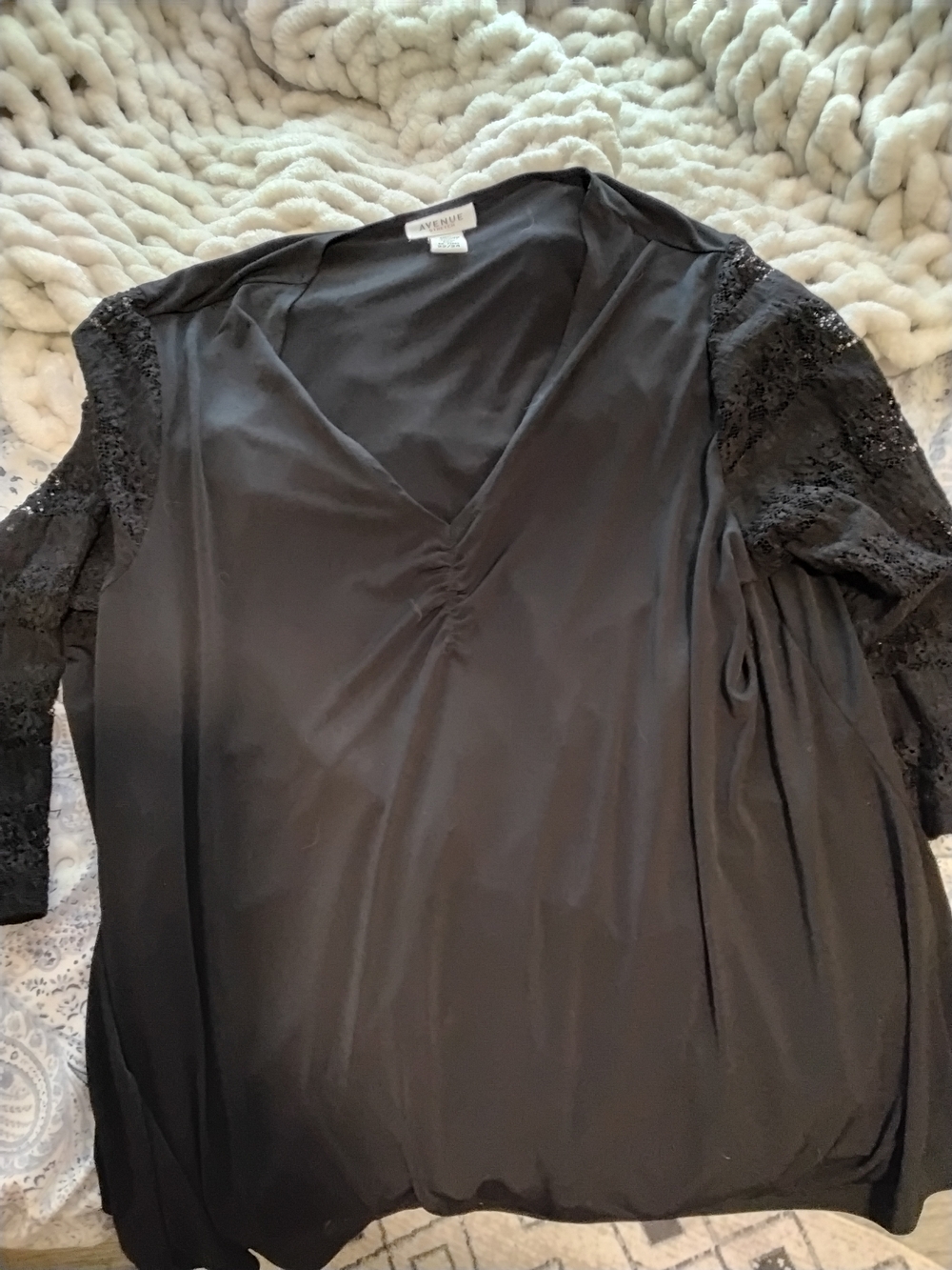 Avenue Black V-Neck Lace Sleeve Women's Top